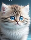 a cute fluffy kitten staring and drop of water droping drak background