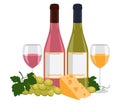 Bottle of rose wine and a bottle of white wine, wine in glasses, cheese and grape.