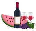 Bottle of red wine, wine in glasses, watermelon and grape.