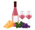Bottle of rose wine, wine in a glasses, cheese and grape.