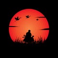 illustration vector graphic of Samurai training at night on a full moon. Perfect for wallpaper, poster, etc