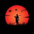 illustration vector graphic of Samurai training at night on a full moon. Perfect for wallpaper, poster, etc