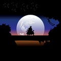 illustration vector graphic of Samurai training at night on a full moon. Perfect for wallpaper, poster, etc