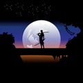 illustration vector graphic of Samurai training at night on a full moon. Perfect for wallpaper, poster, etc