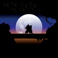 illustration vector graphic of Samurai training at night on a full moon. Perfect for wallpaper, poster, etc