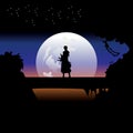 illustration vector graphic of Samurai training at night on a full moon. Perfect for wallpaper, poster, etc Royalty Free Stock Photo