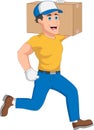 Young courier running with package boxes