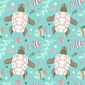 Cute turtle and fish. Seamless vector pattern for kids in flat style. Print with the underwater world, sea and ocean Royalty Free Stock Photo