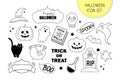 Halloween icon set of 18 elements. Pumpkin, skull, ghost, black cat, hat and other. Royalty Free Stock Photo