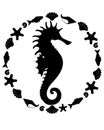 Seahorse silhouette of a sea animal in a round frame - vector template for printing or cutting.