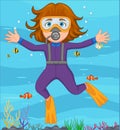 Scuba Diver Girl Swimming Cartoon