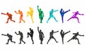 Colorful vector illustration silhouettes of boxers, thai boxers, kickboxers. Unity sports boxing, Thai boxing, kickboxing