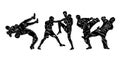 Freestyle wrestling, boxing, kickboxing, muay thai, karate, taekwondo, mixed martial arts vector colorful people silhouettes.