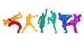 Freestyle wrestling, boxing, kickboxing, muay thai, karate, taekwondo, mixed martial arts vector colorful people silhouettes.