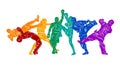 Freestyle wrestling, boxing, kickboxing, muay thai, karate, taekwondo, mixed martial arts vector colorful people silhouettes.