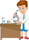 Cartoon boy experimenting with microscope in the chemical lab