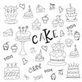 Set of doodle sweets food on white background. Cakes, biscuits, cupcakes.