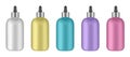 Set of serum bottles with pipette. Dropper. Yellow, green, blue, purple and pink bottles. Serum, essence