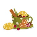 Christmas mug with hot drink. Cinnamon, lemon, anise, spices, gingerbread, candy.