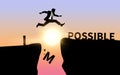 Businessman jumping over impossible and possible wording on cliff with cloud sky and sunlight