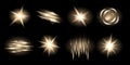 Set of golden lights, flares, starbursts and illuminated decorations, transparent vector lights