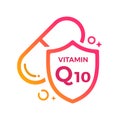 Vitamin Q10 Pill Shield icon Logo Protection, Medicine heath Vector illustration