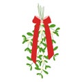 Hanging Branch of mistletoe with berries and red bow. A Flat cartoon bouquet of Christmas Holidays. Festive seasonal decoration, F
