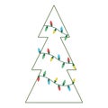 Christmas tree greeting card template. Geometry minimalism shape fir with Bright light garland. Vector illustration isolated on wh Royalty Free Stock Photo