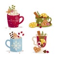 Set of cozy mugs with hot drinks. Winter time. Christmas drink.