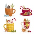 Set of cozy mugs with hot drinks. Winter time. Christmas drink.