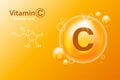 Vitamin C and its structure. A medicinal capsule. 3D vitamin complex with chemical formula. Royalty Free Stock Photo