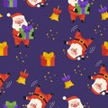 Seamless holiday pattern. Santa Claus with a gift box and Santa Claus doing a somersault. Merry Christmas. Royalty Free Stock Photo