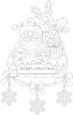 Cartoon Santa Claus character and deer with presents and snowflake sketch template.