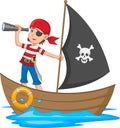 pirate boy on a wooden ship and Using binoculars cartoon Royalty Free Stock Photo