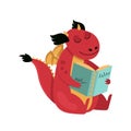 Funny dragon sits and reads a book.