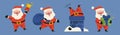 Funny Santa Claus. Santa is ringing bell, standing in the chimney, carrying bag of gifts and holding a gift box.