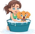 Happy girl bathing dog in bucket