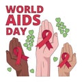 International AIDS Day. Illustration with different hands holding red ribbon symbol.