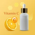 A bottle of cosmetics with orange oil with a pipette, organic anti-aging serum with vitamin C. Vector illustration