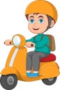 Happy schoolboy riding a scooter cartoon