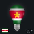 Vector light bulb with flag of Suriname, 3D rendering isolated on gray background.Web