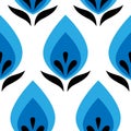 Geometric flower shapes with leaves botanical white blue indigo black seamless pattern on white