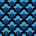 Geometric blooming flower shapes botanical colorful white blue indigo black seamless pattern