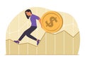 Business Woman Push a Dollar Coin Currency on Graph Chart for Financial Concept Illustration