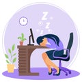 Snoozing Office Staff concept, woman employee working at her desk, resting her head on the table vector icon design