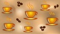 Seamless background with yellow coffee cups and coffee beans.