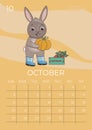 Vertical children calendar 2024. Month of October. Hare holds a large pumpkin in his hands next to a box of carrots. A5 format.