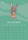 Vertical children calendar 2024. Month of November. Hare in warm boots holds a mug with a hot tasty drink and drinks. A5 format.