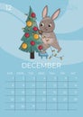 Vertical children calendar 2024. Month of December. Hare decorates the Christmas tree with balls and a garland. A5 format.