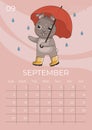 Vertical children calendar 2024. Month of September. Hare in rubber boots walks in the rain with an umbrella. A5 format.